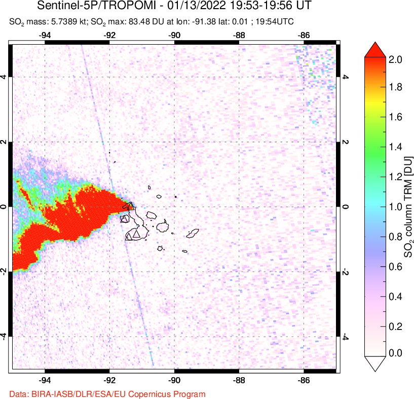 A sulfur dioxide image over Galápagos Islands on Jan 13, 2022.