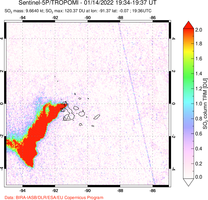 A sulfur dioxide image over Galápagos Islands on Jan 14, 2022.