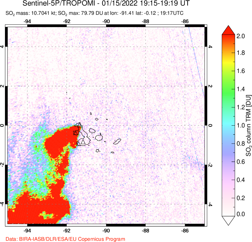 A sulfur dioxide image over Galápagos Islands on Jan 15, 2022.