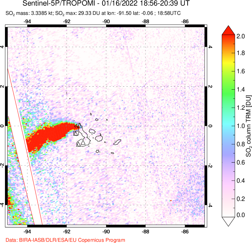 A sulfur dioxide image over Galápagos Islands on Jan 16, 2022.