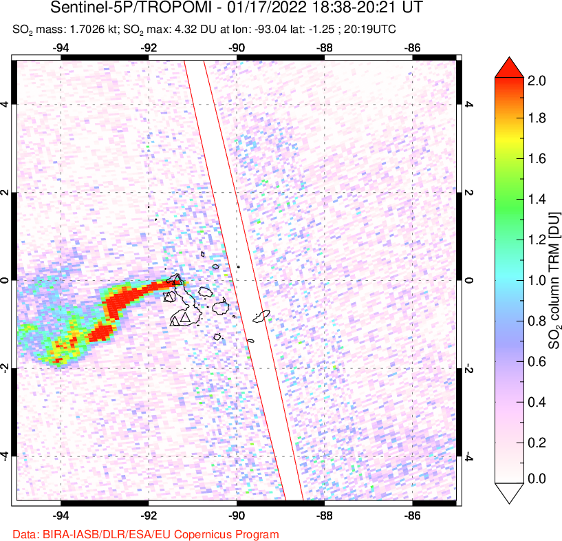 A sulfur dioxide image over Galápagos Islands on Jan 17, 2022.