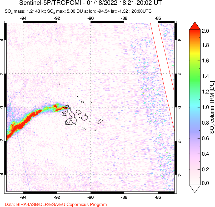 A sulfur dioxide image over Galápagos Islands on Jan 18, 2022.