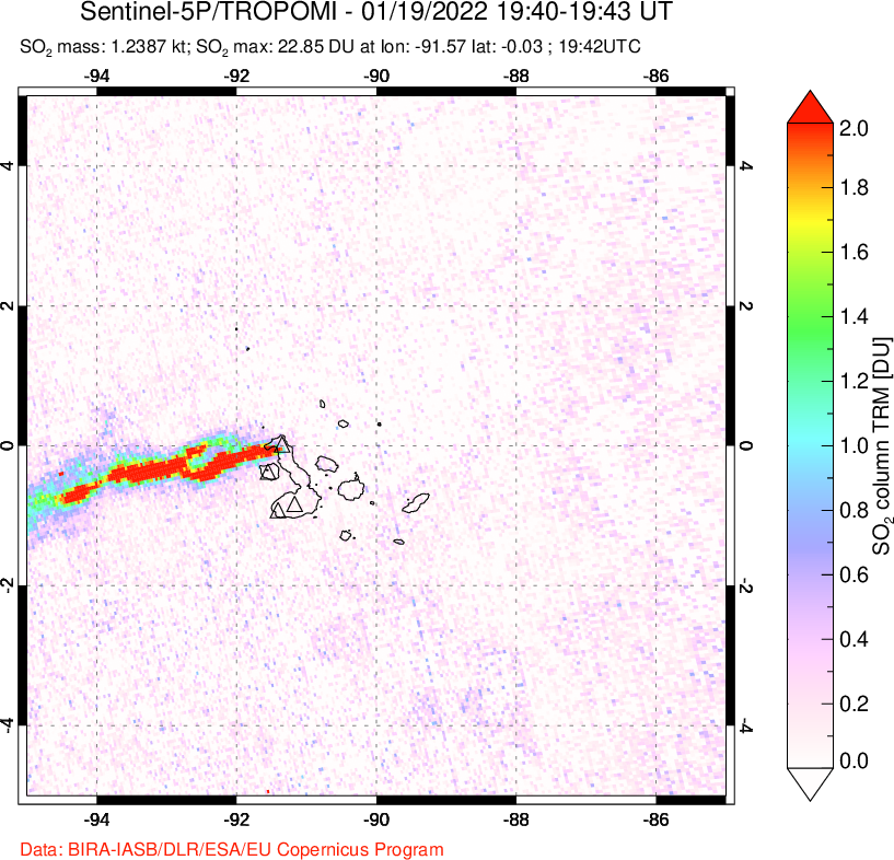 A sulfur dioxide image over Galápagos Islands on Jan 19, 2022.