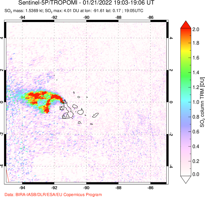 A sulfur dioxide image over Galápagos Islands on Jan 21, 2022.