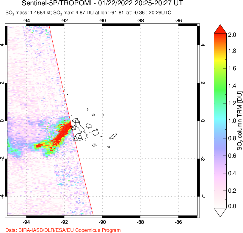 A sulfur dioxide image over Galápagos Islands on Jan 22, 2022.
