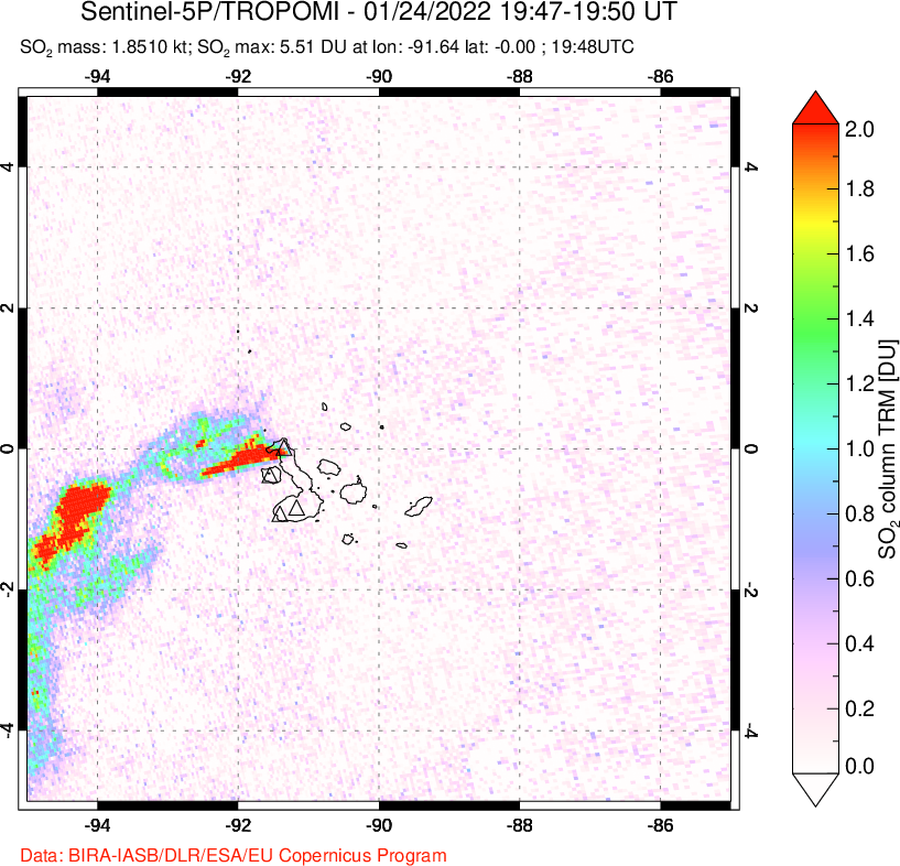 A sulfur dioxide image over Galápagos Islands on Jan 24, 2022.