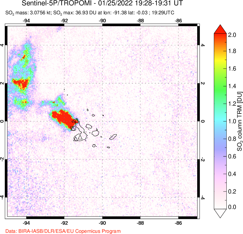 A sulfur dioxide image over Galápagos Islands on Jan 25, 2022.
