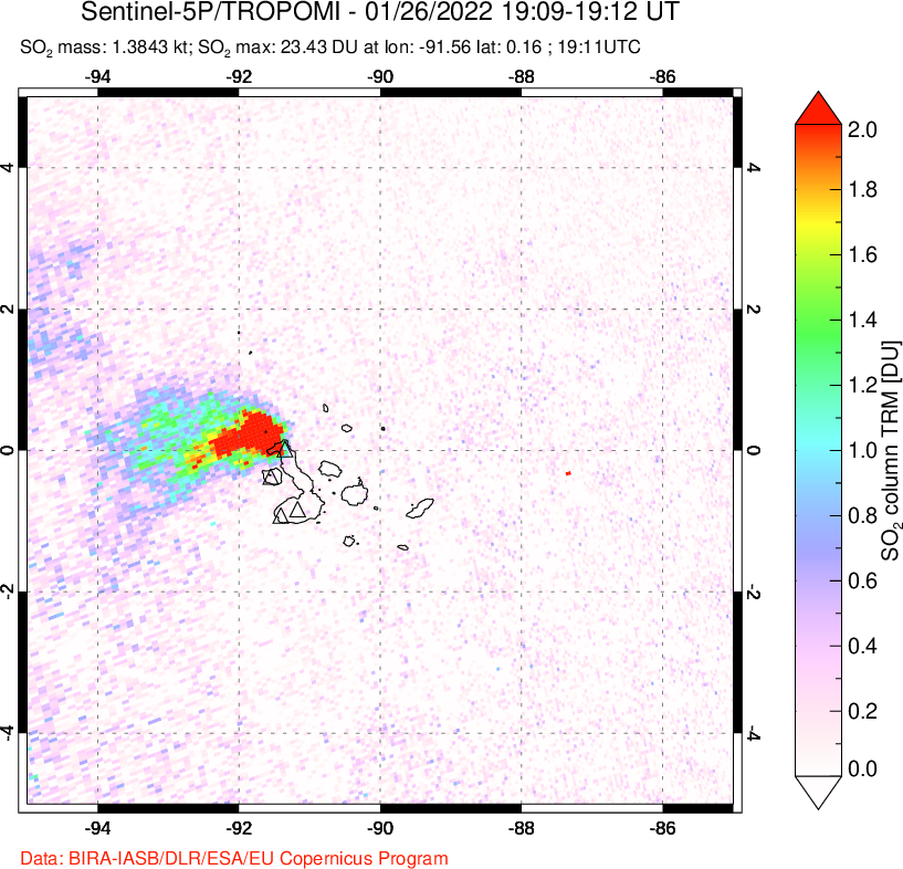 A sulfur dioxide image over Galápagos Islands on Jan 26, 2022.