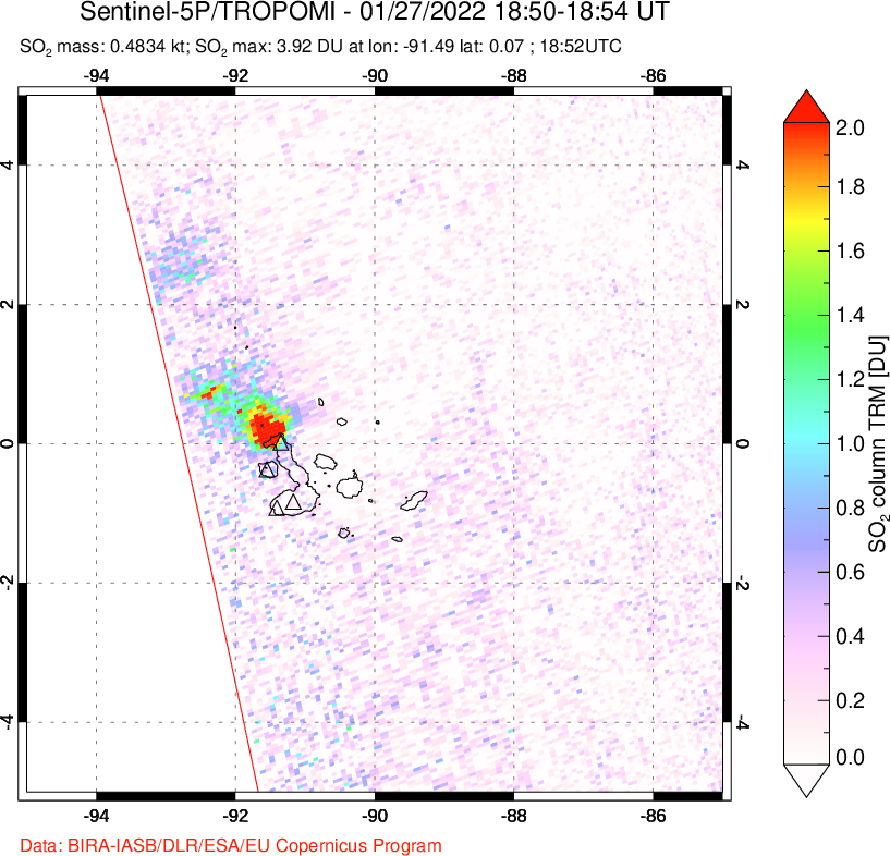 A sulfur dioxide image over Galápagos Islands on Jan 27, 2022.