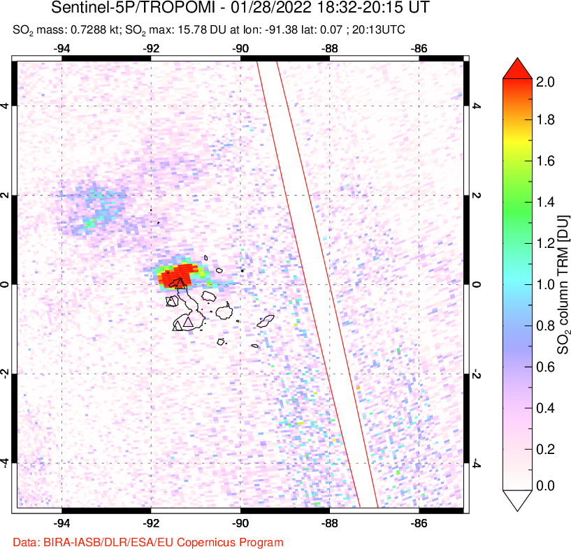 A sulfur dioxide image over Galápagos Islands on Jan 28, 2022.
