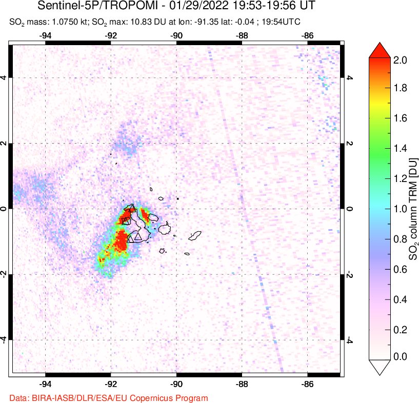 A sulfur dioxide image over Galápagos Islands on Jan 29, 2022.