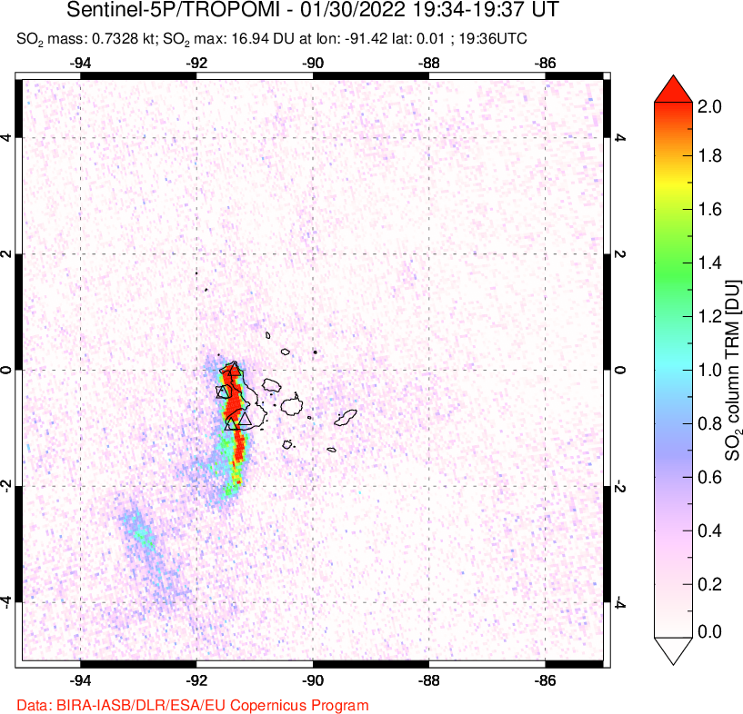 A sulfur dioxide image over Galápagos Islands on Jan 30, 2022.