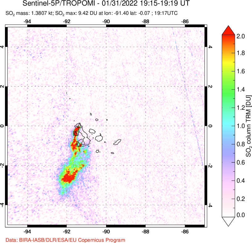 A sulfur dioxide image over Galápagos Islands on Jan 31, 2022.