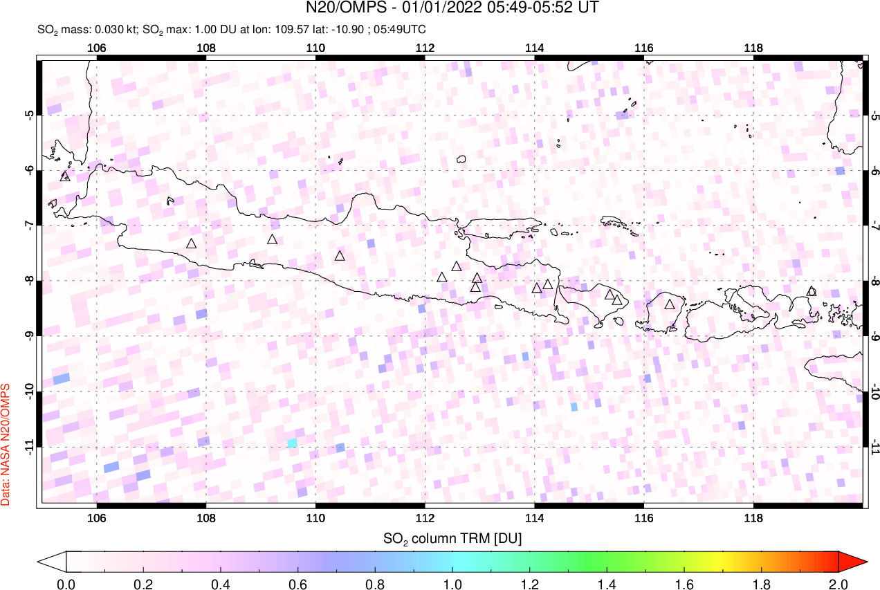 A sulfur dioxide image over Java, Indonesia on Jan 01, 2022.