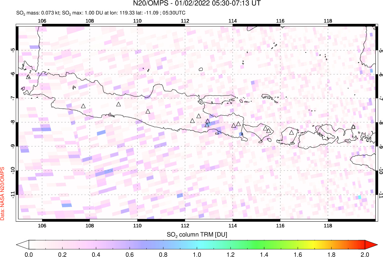 A sulfur dioxide image over Java, Indonesia on Jan 02, 2022.