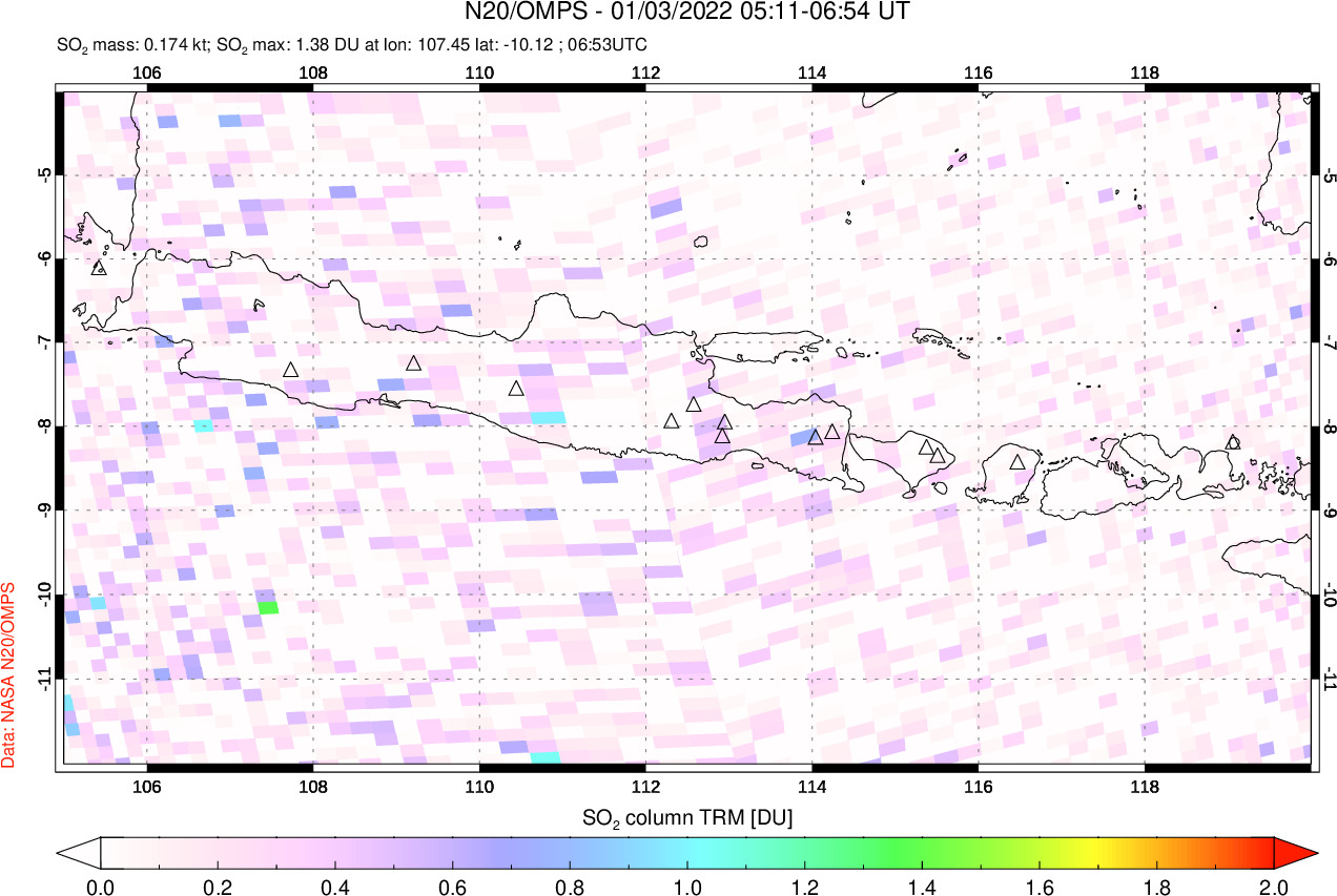 A sulfur dioxide image over Java, Indonesia on Jan 03, 2022.