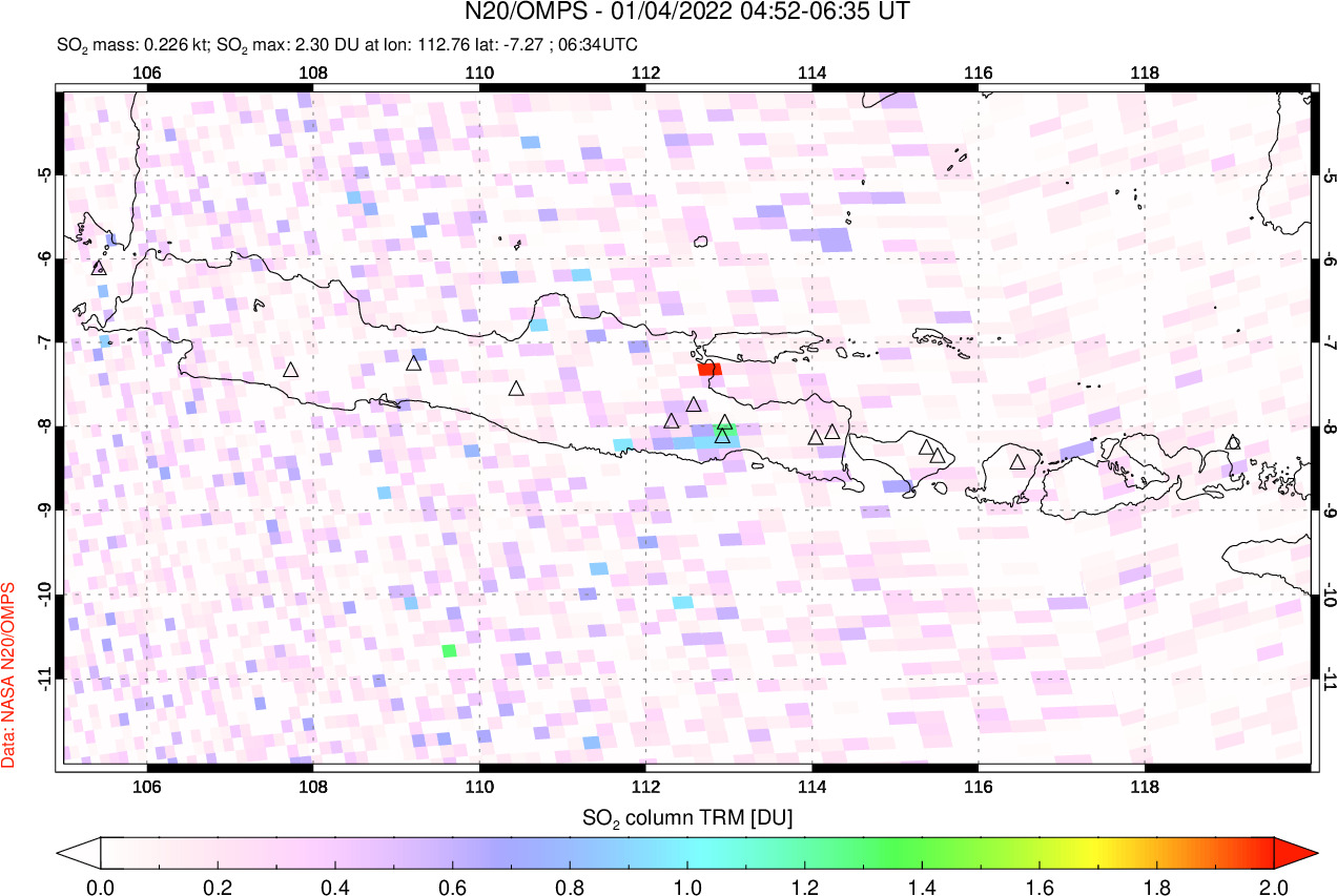 A sulfur dioxide image over Java, Indonesia on Jan 04, 2022.