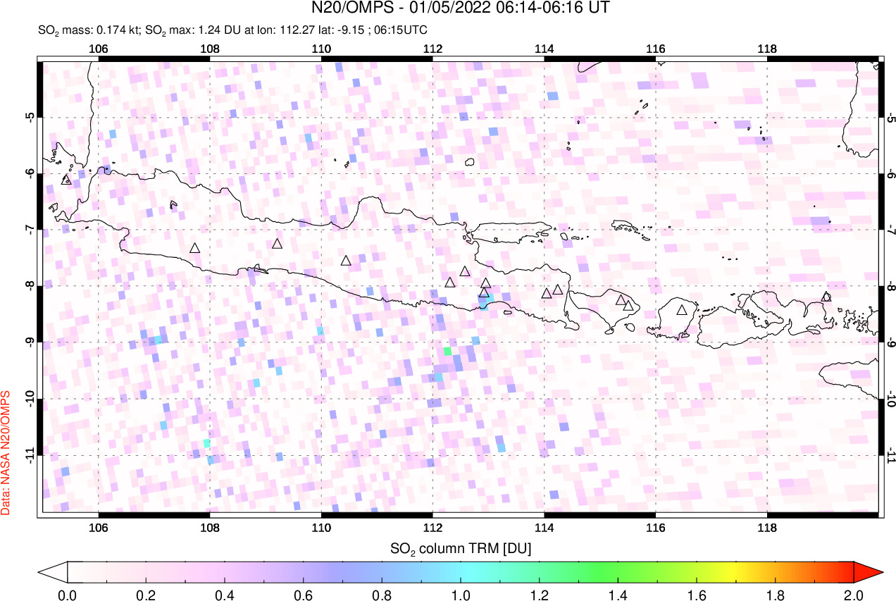 A sulfur dioxide image over Java, Indonesia on Jan 05, 2022.