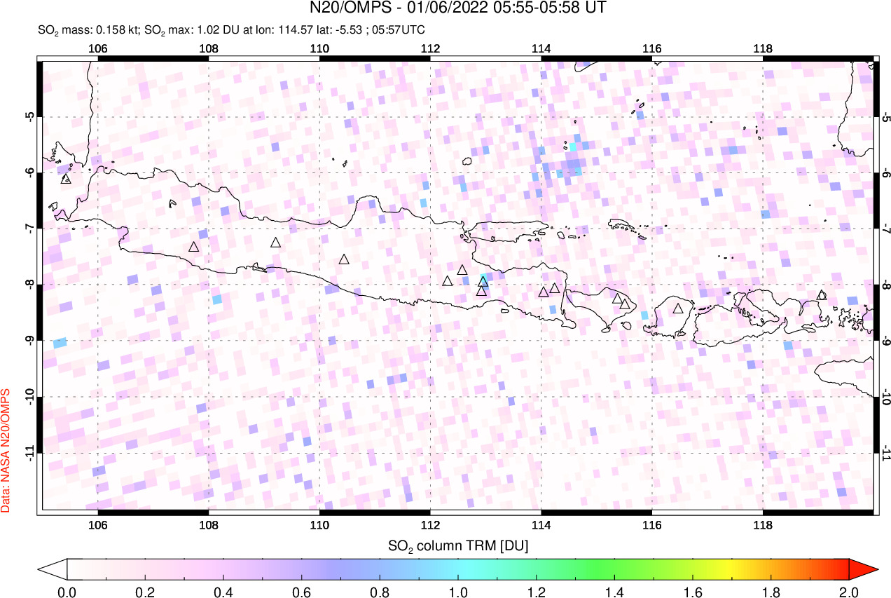 A sulfur dioxide image over Java, Indonesia on Jan 06, 2022.