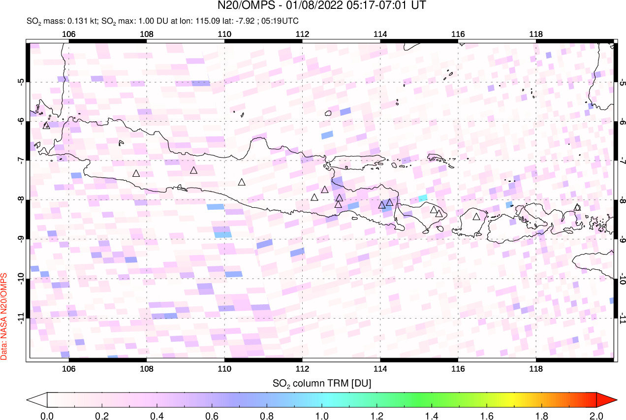A sulfur dioxide image over Java, Indonesia on Jan 08, 2022.