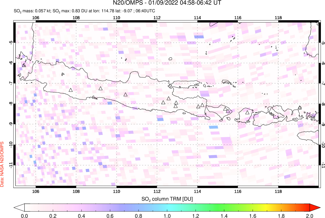 A sulfur dioxide image over Java, Indonesia on Jan 09, 2022.