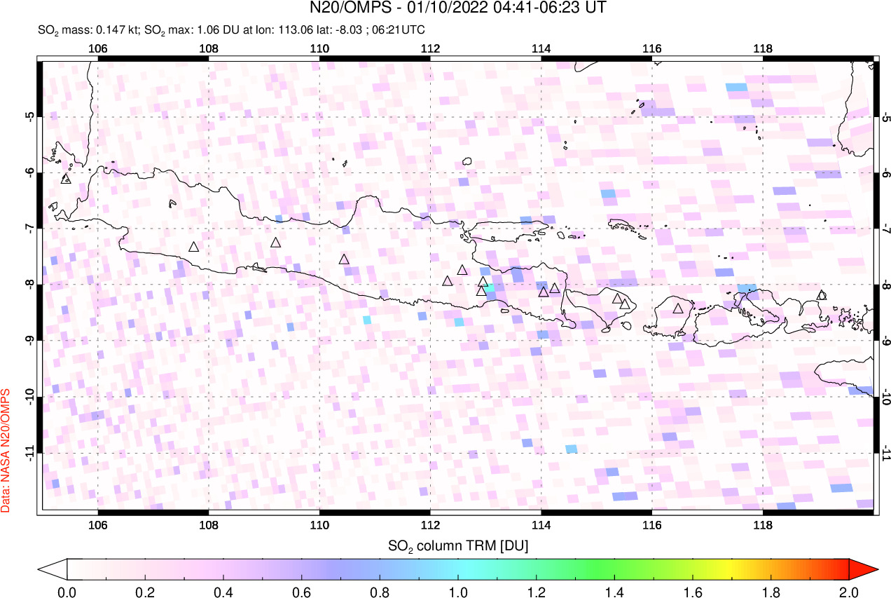 A sulfur dioxide image over Java, Indonesia on Jan 10, 2022.