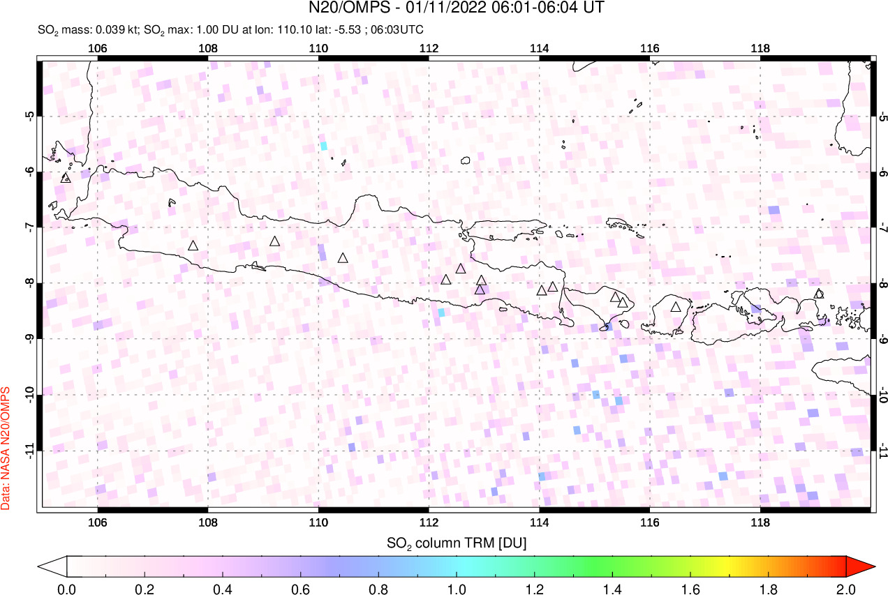 A sulfur dioxide image over Java, Indonesia on Jan 11, 2022.