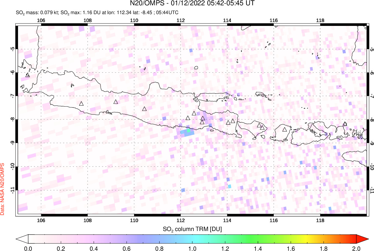 A sulfur dioxide image over Java, Indonesia on Jan 12, 2022.