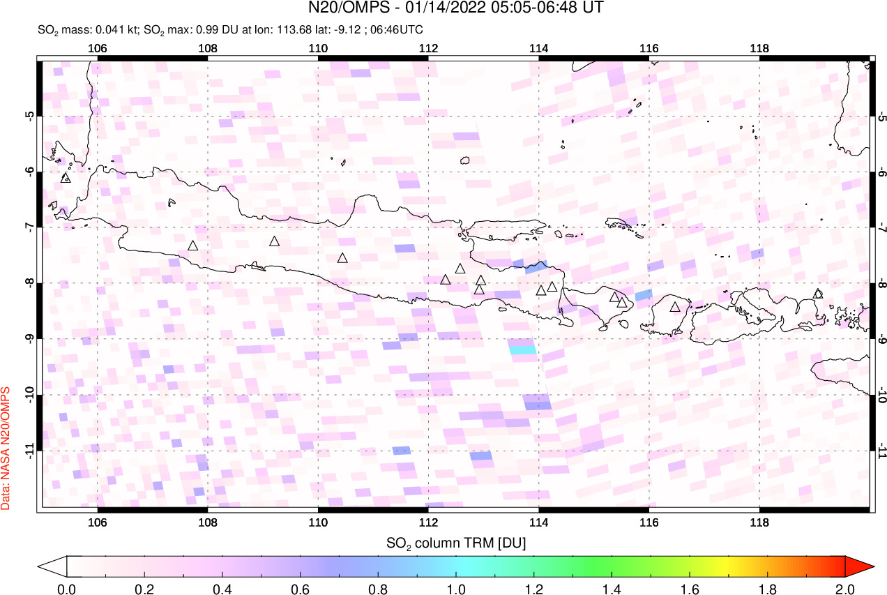 A sulfur dioxide image over Java, Indonesia on Jan 14, 2022.