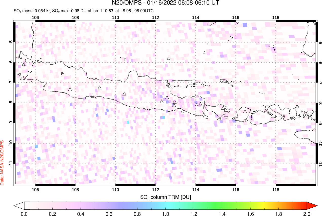A sulfur dioxide image over Java, Indonesia on Jan 16, 2022.
