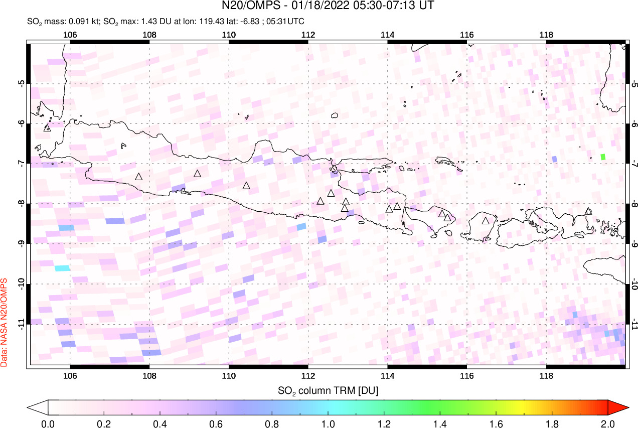 A sulfur dioxide image over Java, Indonesia on Jan 18, 2022.