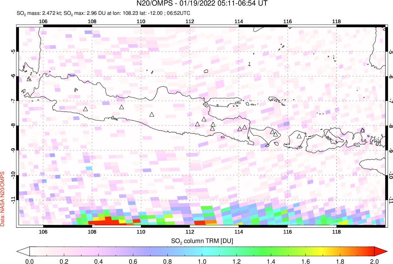 A sulfur dioxide image over Java, Indonesia on Jan 19, 2022.