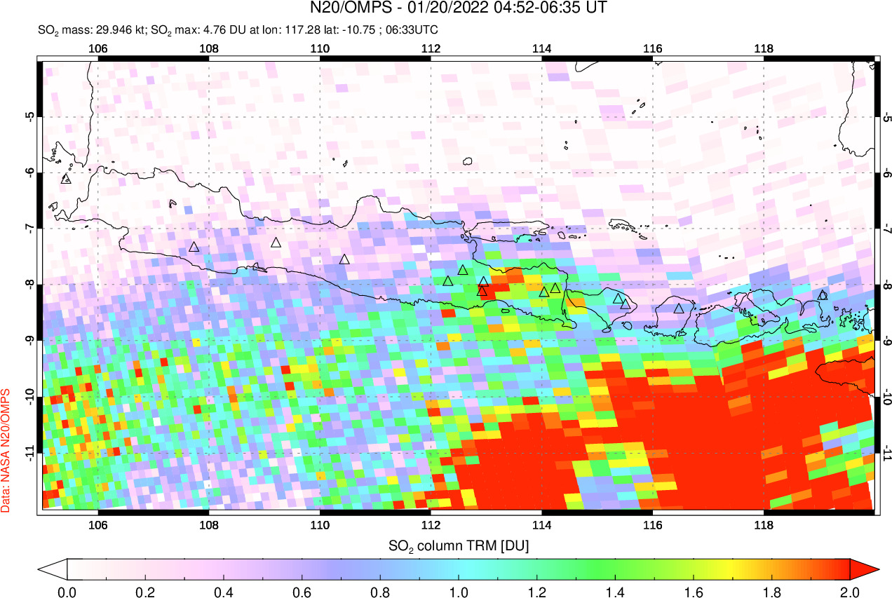 A sulfur dioxide image over Java, Indonesia on Jan 20, 2022.