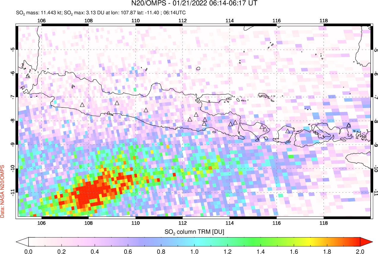 A sulfur dioxide image over Java, Indonesia on Jan 21, 2022.