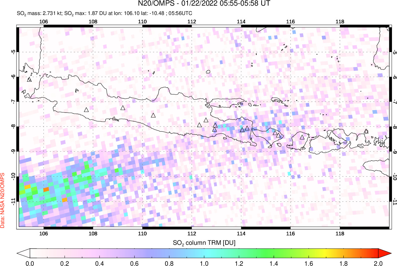 A sulfur dioxide image over Java, Indonesia on Jan 22, 2022.