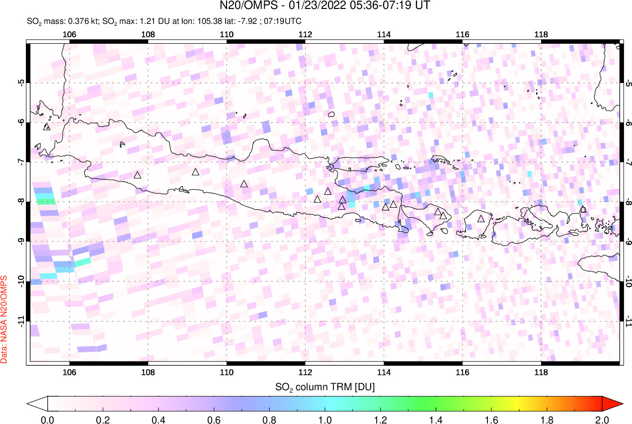 A sulfur dioxide image over Java, Indonesia on Jan 23, 2022.