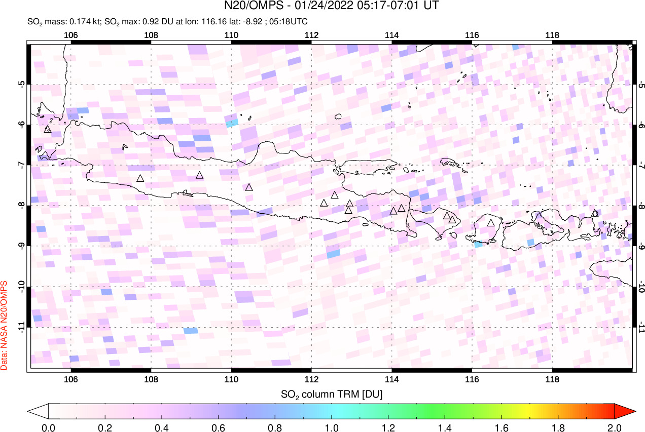 A sulfur dioxide image over Java, Indonesia on Jan 24, 2022.