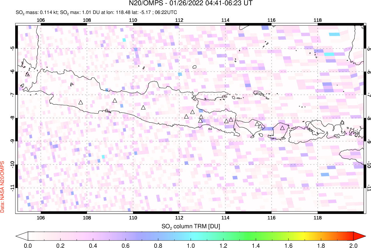 A sulfur dioxide image over Java, Indonesia on Jan 26, 2022.