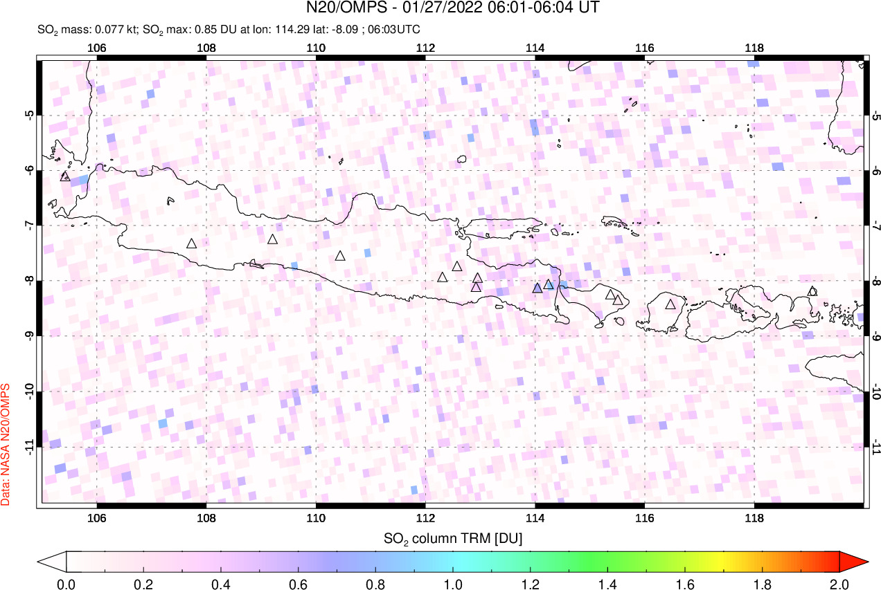 A sulfur dioxide image over Java, Indonesia on Jan 27, 2022.