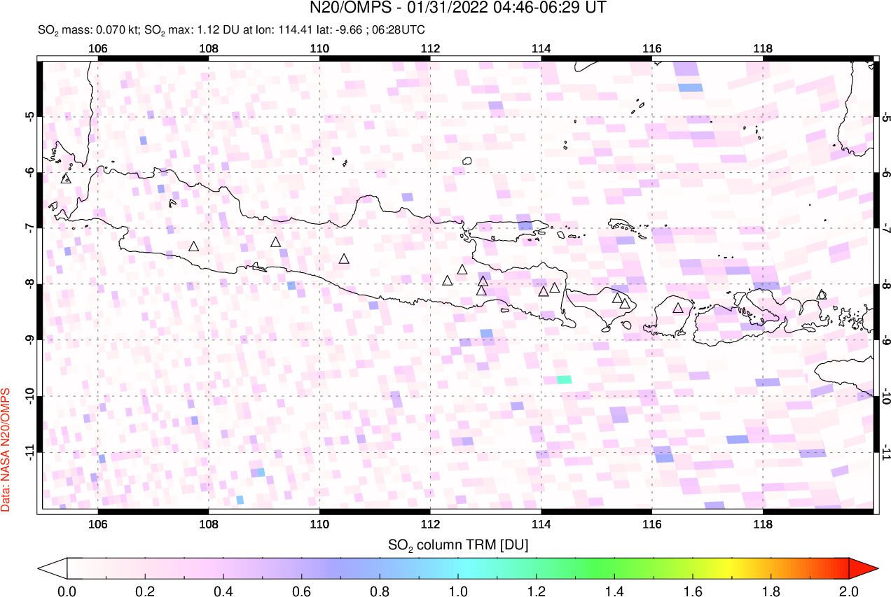 A sulfur dioxide image over Java, Indonesia on Jan 31, 2022.