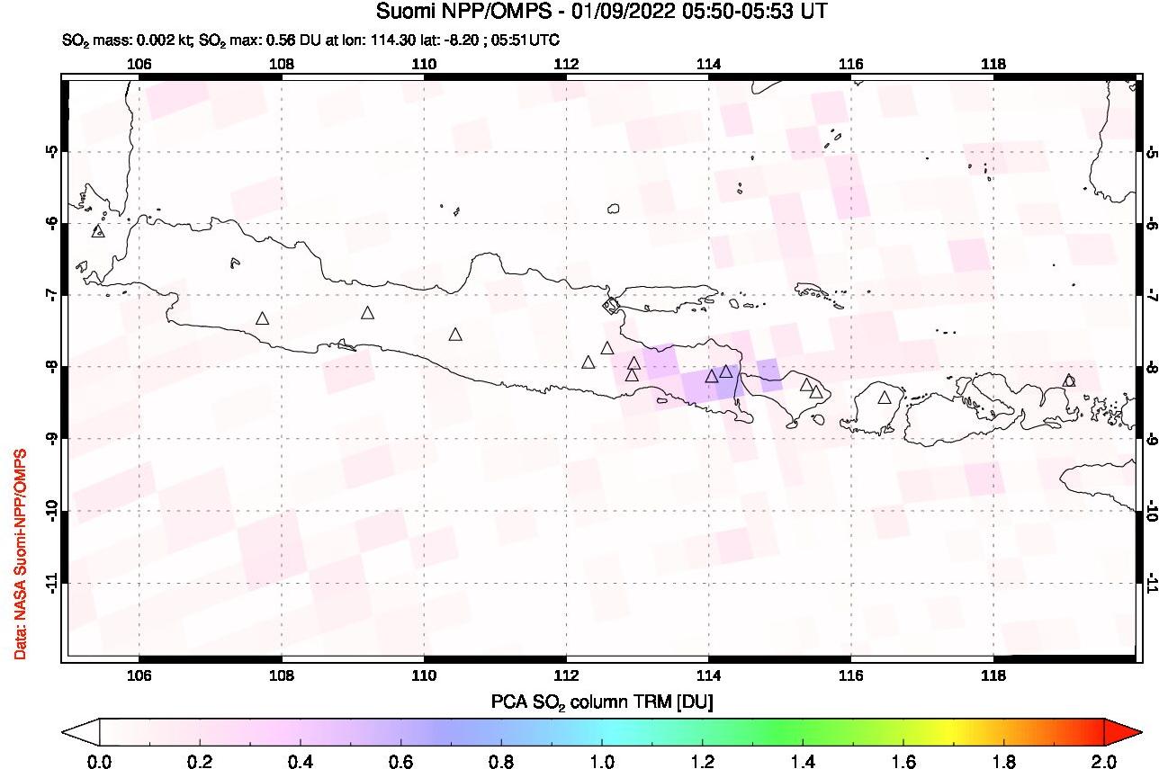 A sulfur dioxide image over Java, Indonesia on Jan 09, 2022.