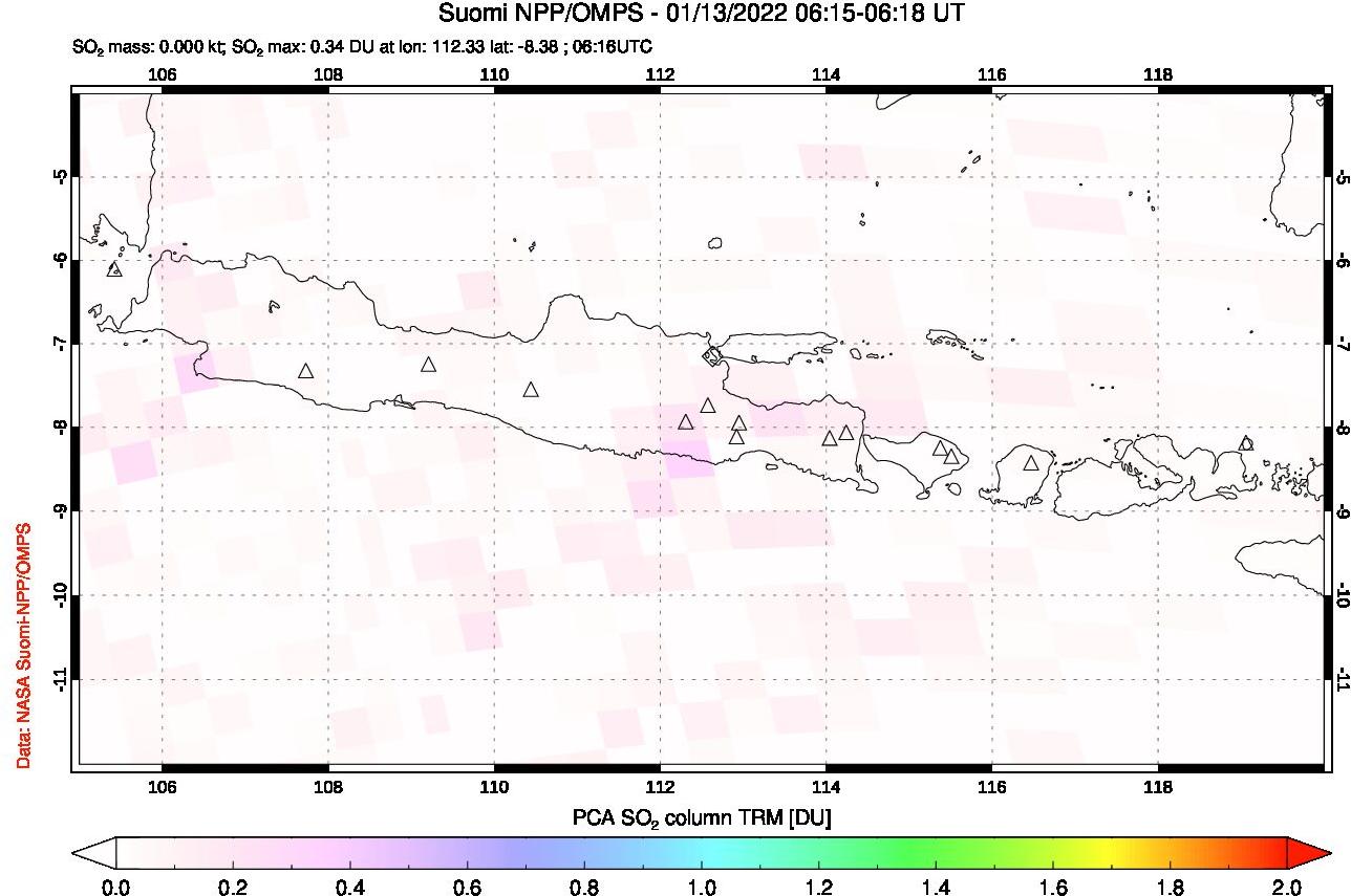 A sulfur dioxide image over Java, Indonesia on Jan 13, 2022.