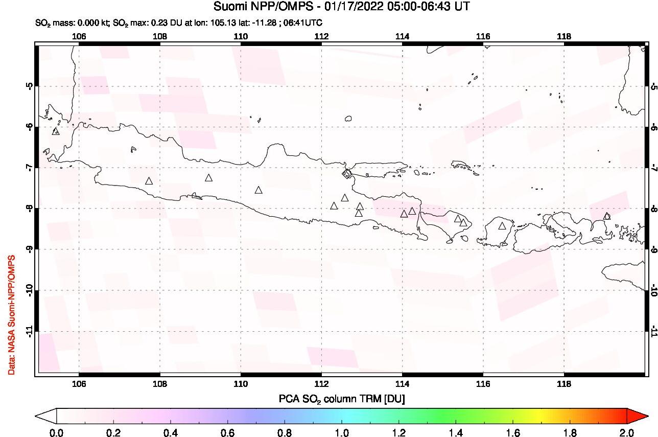 A sulfur dioxide image over Java, Indonesia on Jan 17, 2022.