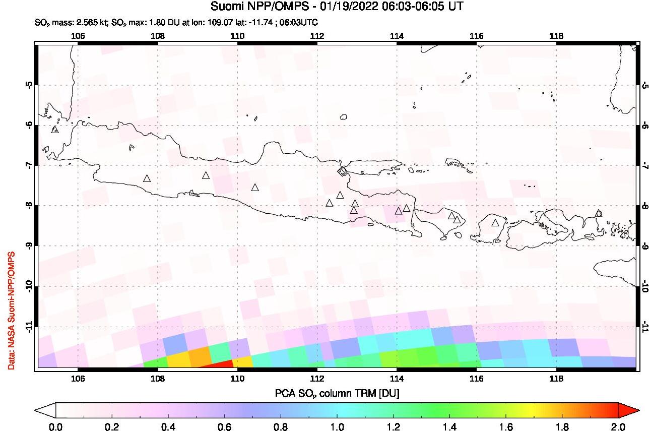A sulfur dioxide image over Java, Indonesia on Jan 19, 2022.