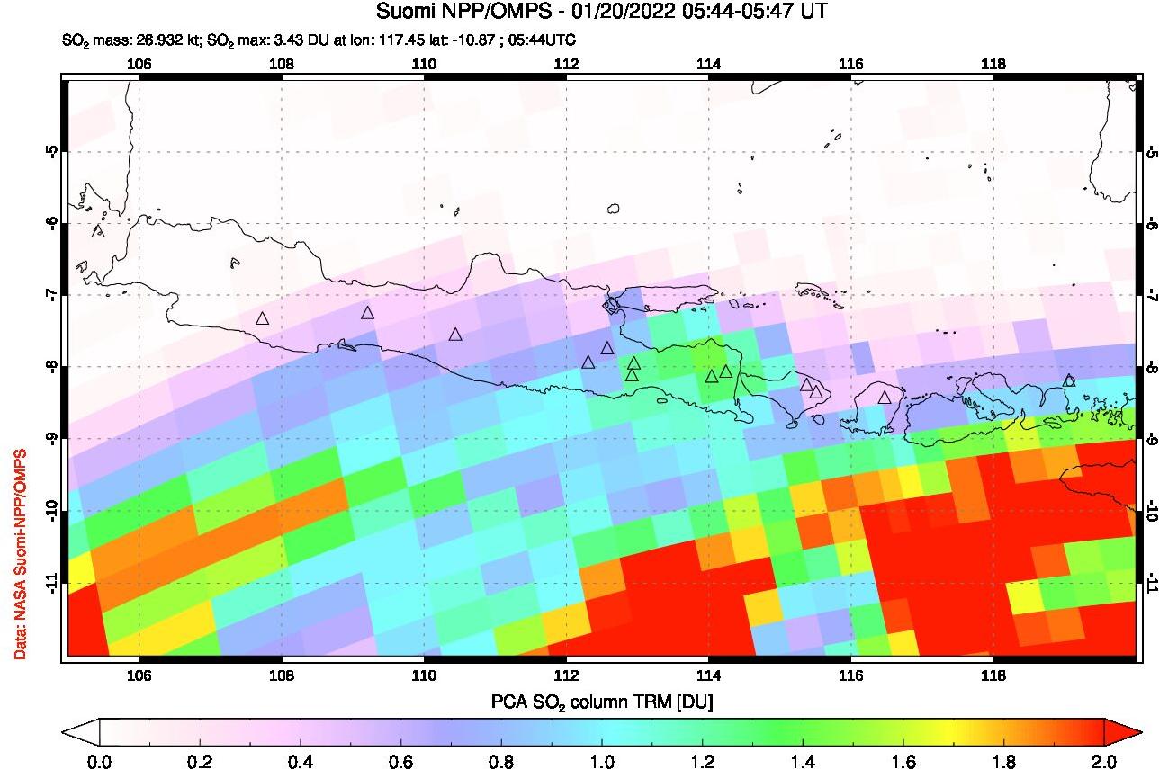 A sulfur dioxide image over Java, Indonesia on Jan 20, 2022.