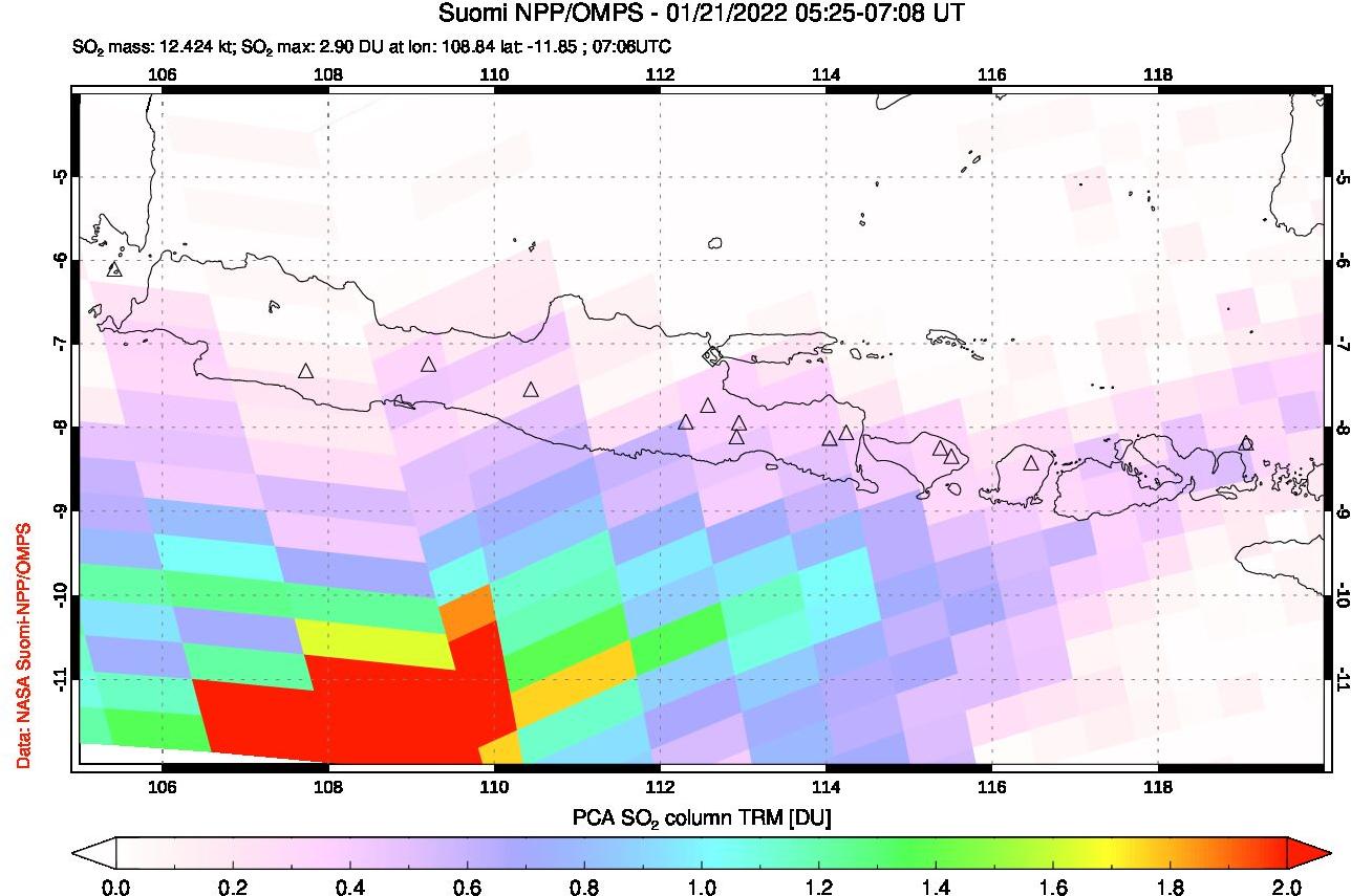 A sulfur dioxide image over Java, Indonesia on Jan 21, 2022.