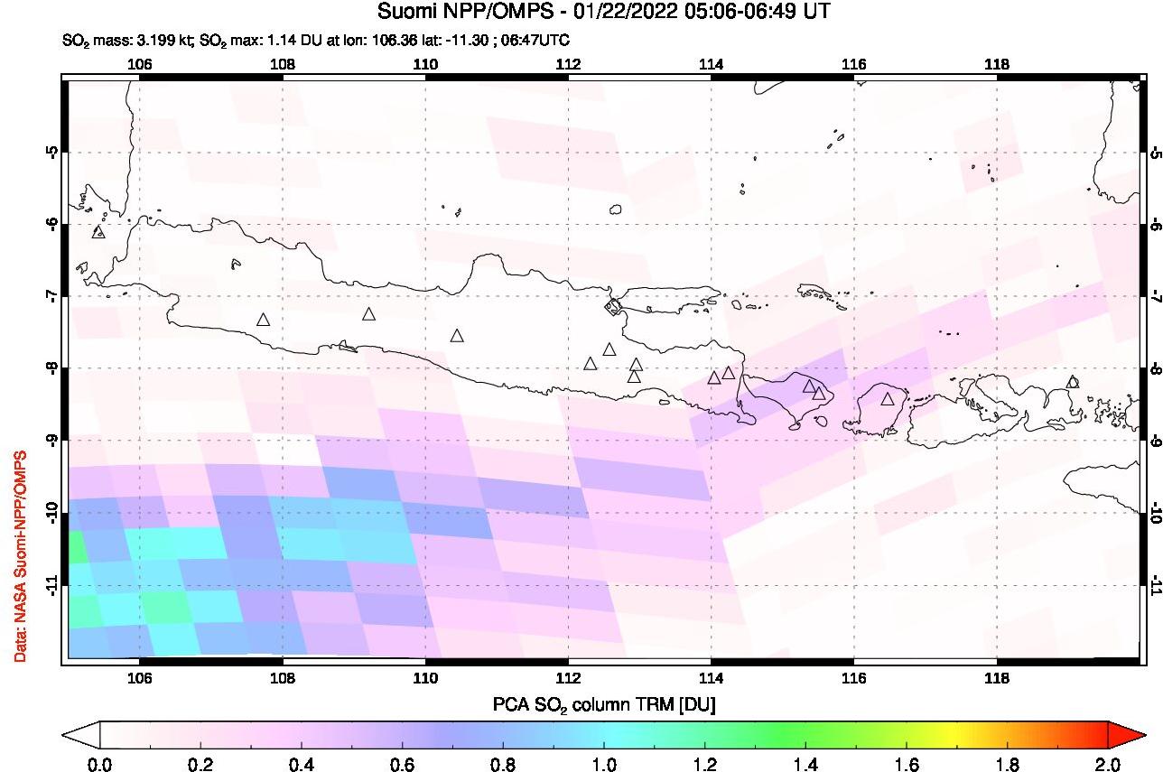 A sulfur dioxide image over Java, Indonesia on Jan 22, 2022.