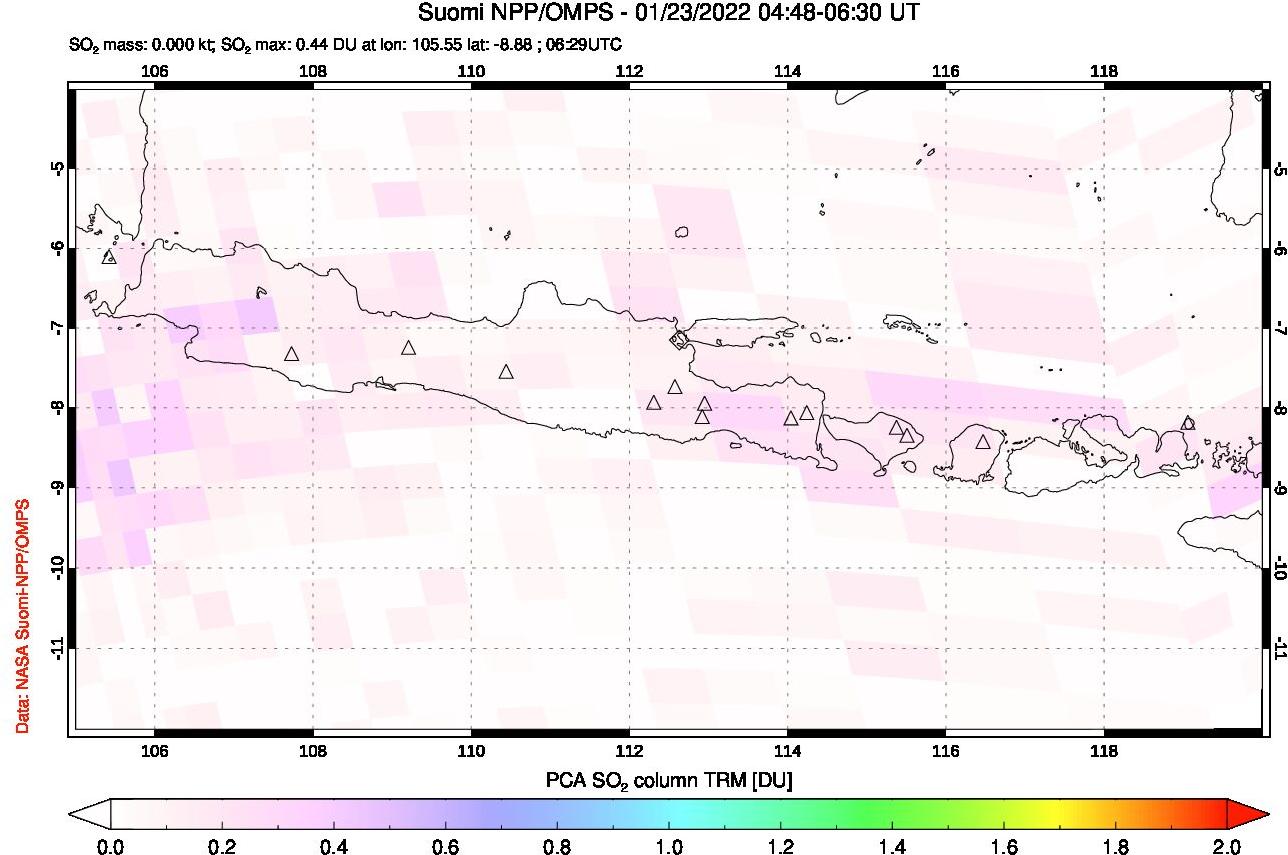 A sulfur dioxide image over Java, Indonesia on Jan 23, 2022.