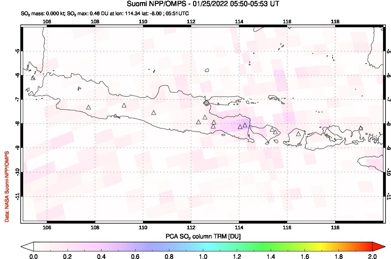 A sulfur dioxide image over Java, Indonesia on Jan 25, 2022.