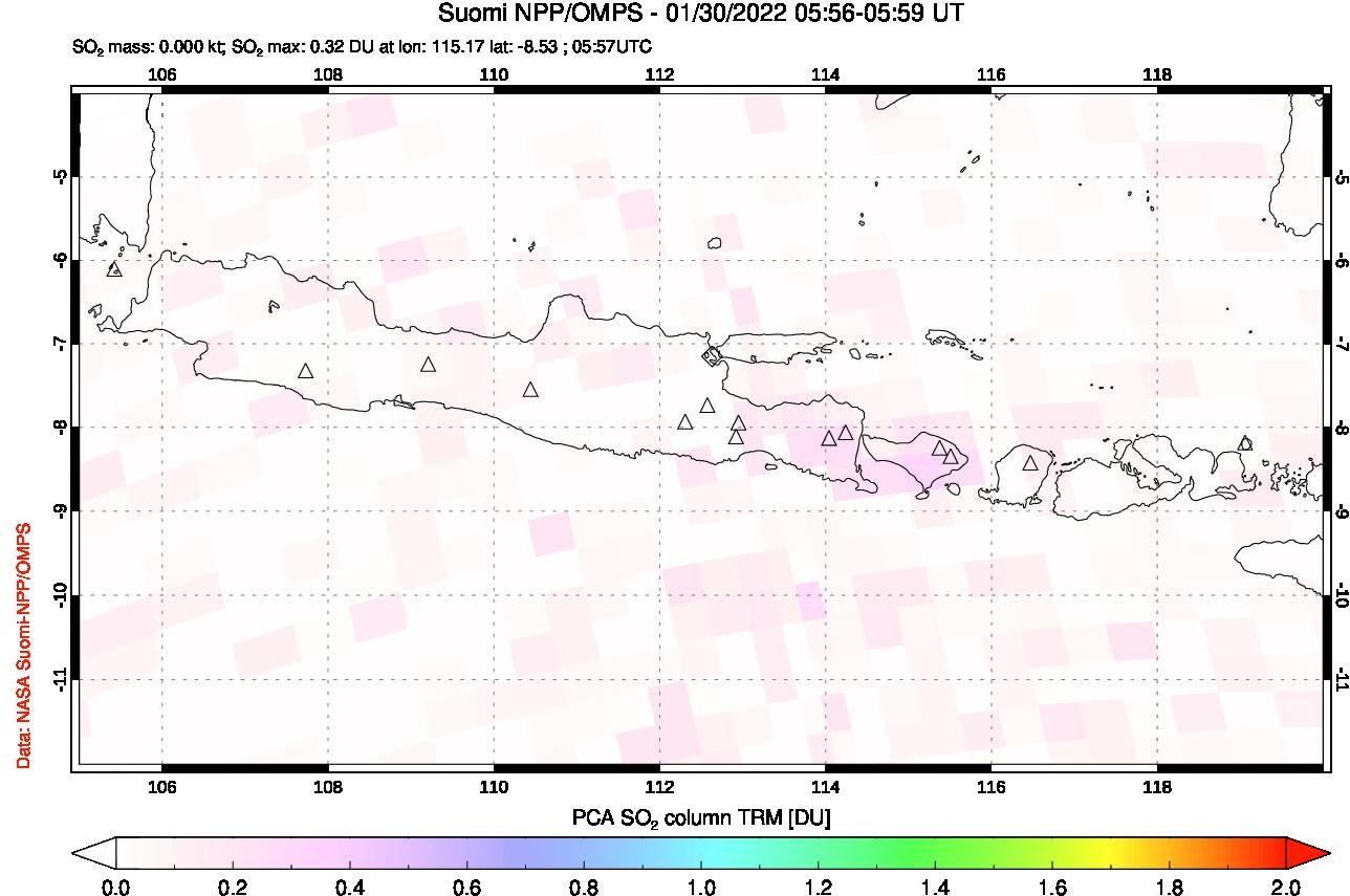 A sulfur dioxide image over Java, Indonesia on Jan 30, 2022.